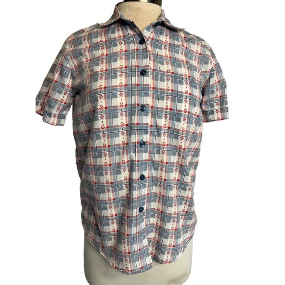 Adrian Delafield Blouse M Button Up short sleeve pocket plaid red whit blue - Picture 3 of 11